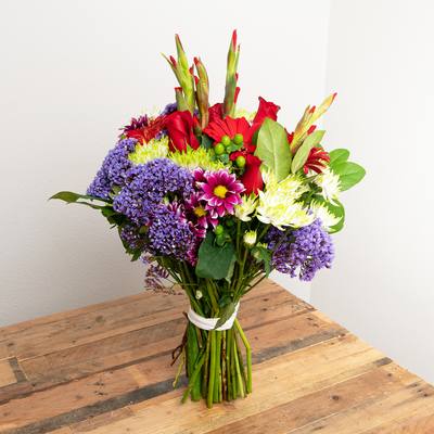 Burgundy, Violet, Jade Wrapped Bouquet
