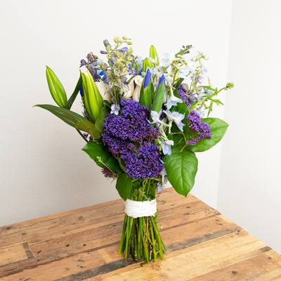 White, Blue, Purple Wrapped Bouquet