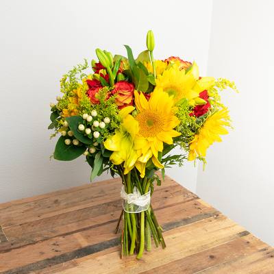 Yellow, Orange, Red Wrapped Bouquet